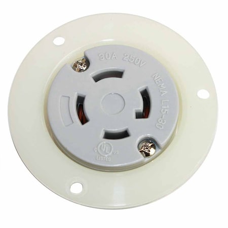 Superior Electric Flanged Locking Receptacle, L15-30R, 30 A, 250V AC, 3 Pole, White YGF044F